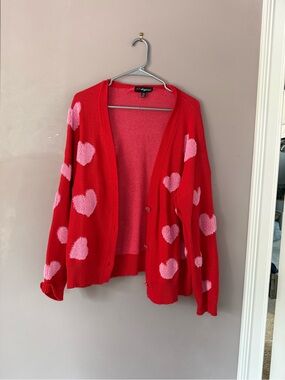 Red Open-Front Cardigan with Pink Heart Motif
